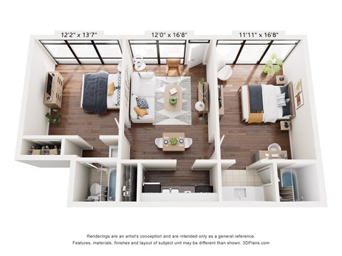 Floor plan for 2 beds, 2 baths, 860 sqft